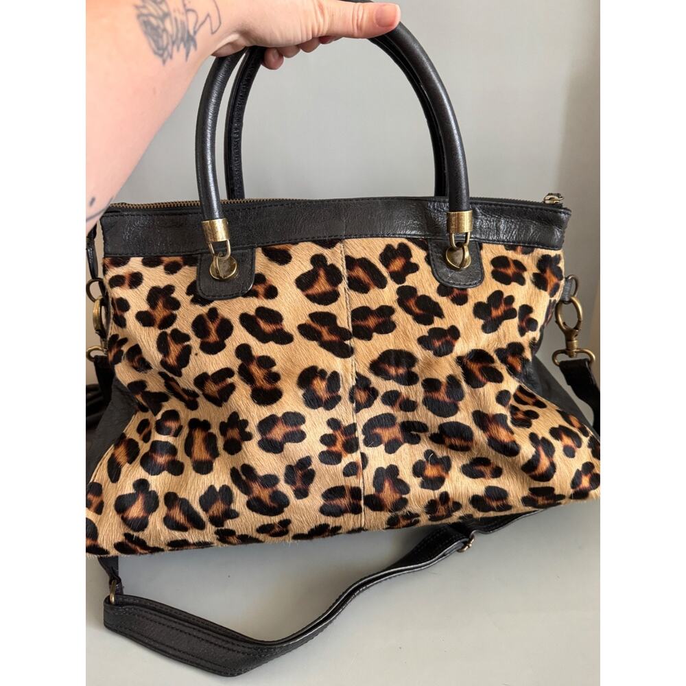 Vintage 90s Nordstrom Leopard Calf Hair & Leather Satchel Bag – Turn Lock Black - Picture 6 of 13